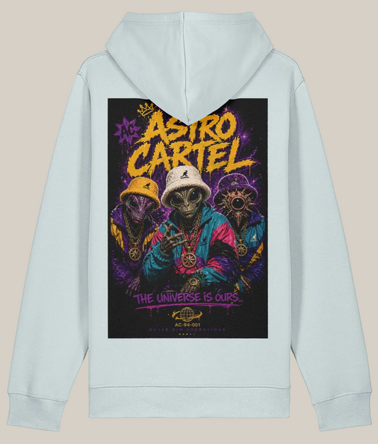 Light gray hoodie with colorful graphic design on the back featuring 'Astro Cartel' text and characters.