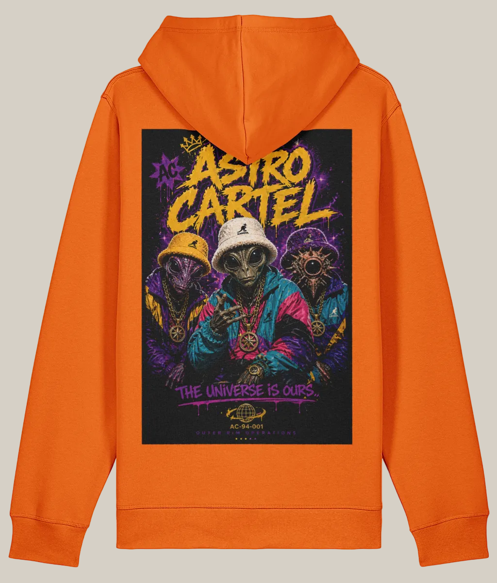 Orange hoodie with a colorful graphic on the back featuring 'Astro Cartel' and text.