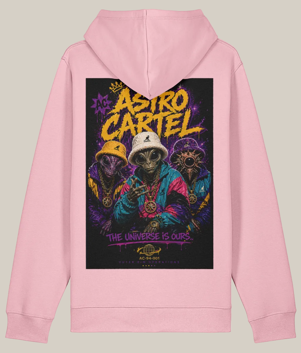 Pink hoodie with colorful graphic design on the back featuring the text 'Astro Cartel' and 'The Universe is Ours'.