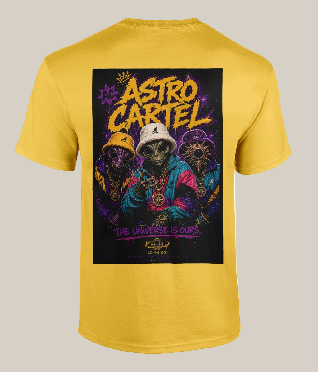 Yellow t-shirt with 'Astro Cartel' graphic on a white background