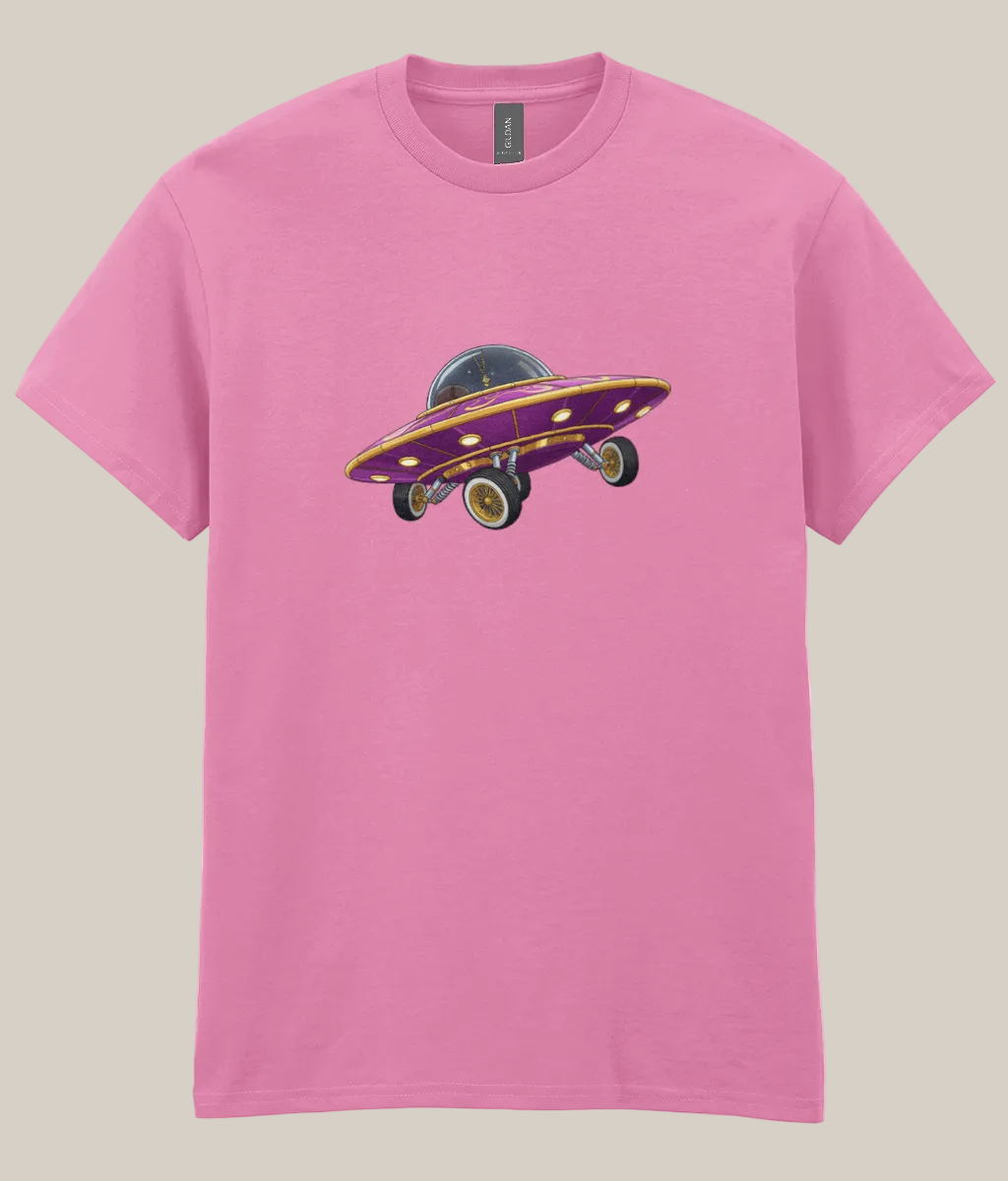 Pink t-shirt with a purple and gold UFO graphic on a white background
