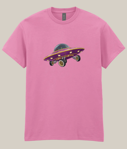 Pink t-shirt with a purple and gold UFO graphic on a white background