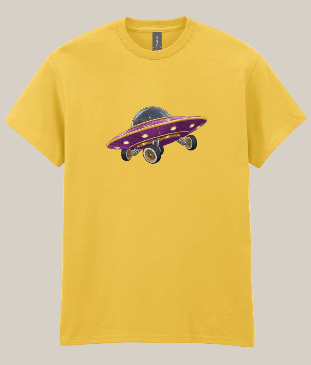 Yellow t-shirt with a purple and black UFO graphic on a white background