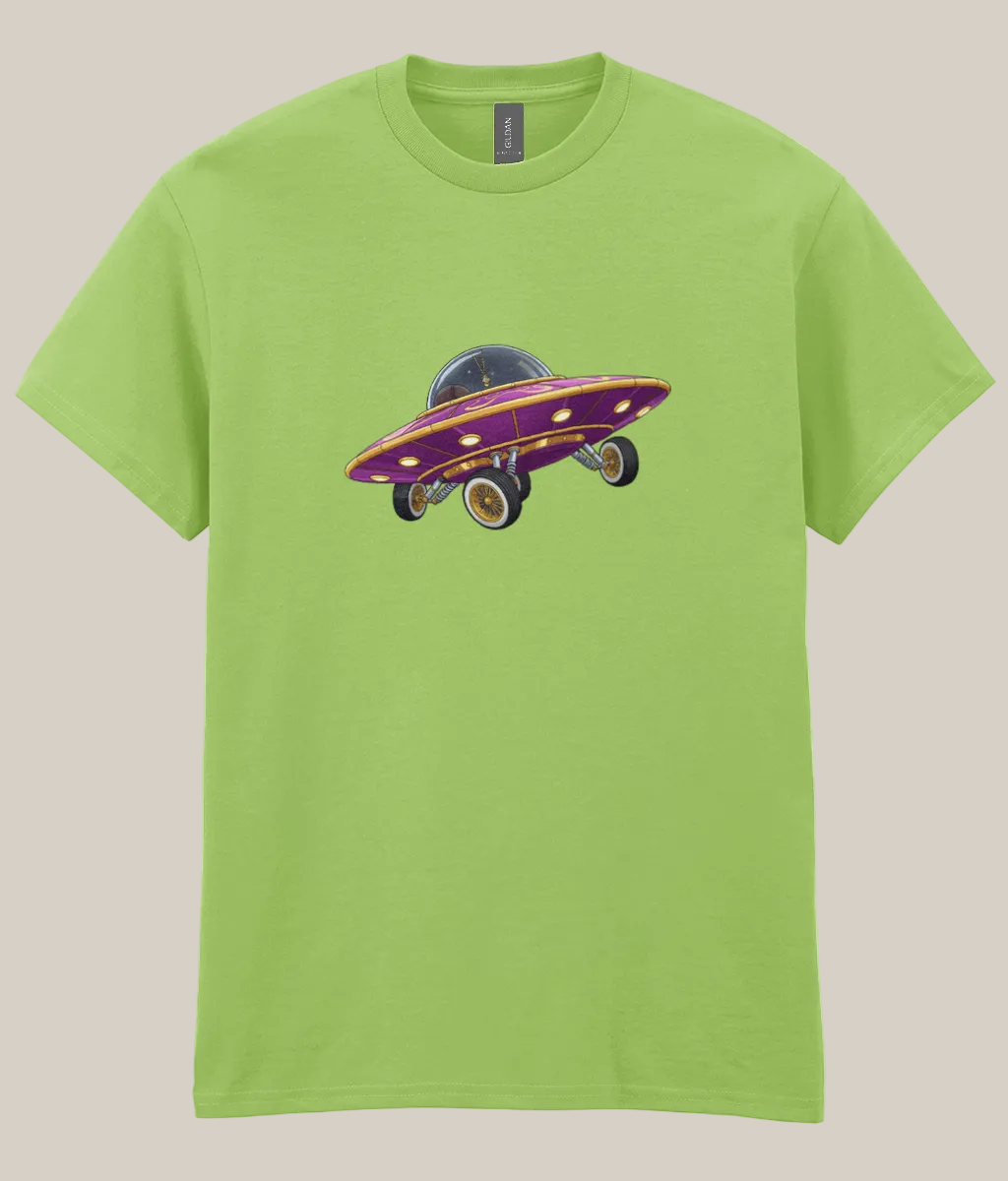 Green t-shirt with a graphic of a purple and black vehicle on a white background