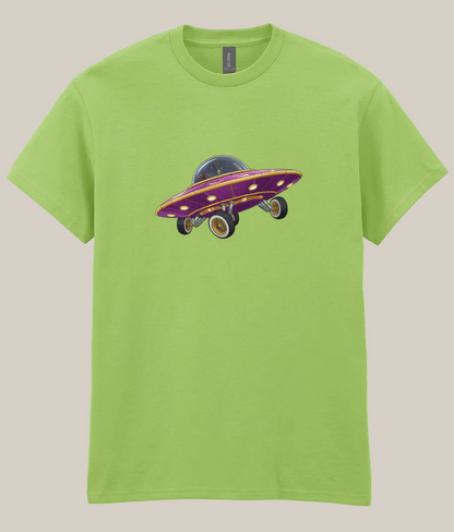 Green t-shirt with a graphic of a purple and black vehicle on a white background