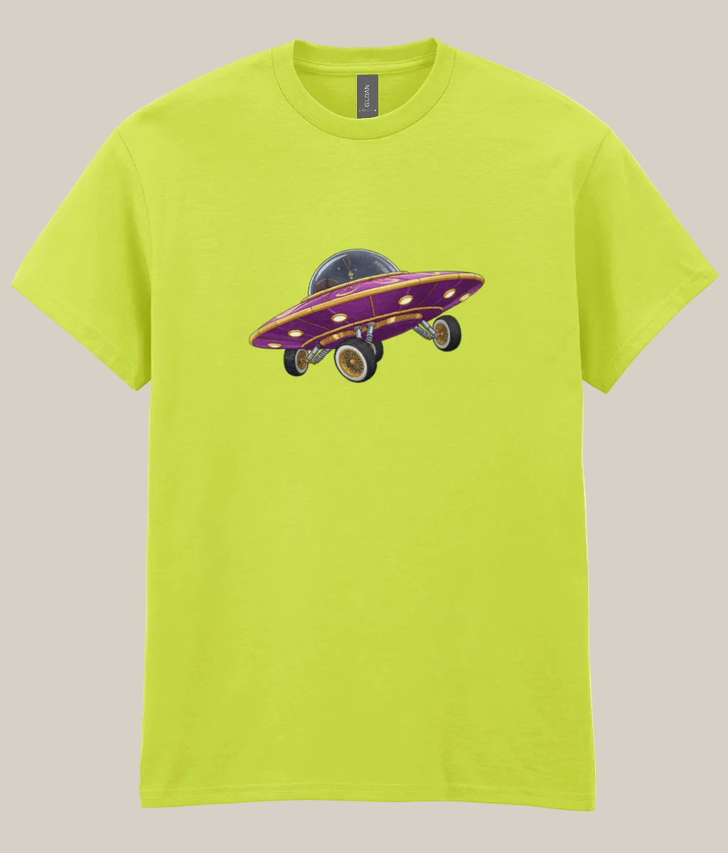 Lime green t-shirt with a purple and black UFO graphic on a white background