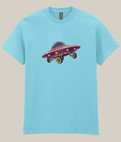 Light blue t-shirt with a purple and yellow UFO graphic on a white background