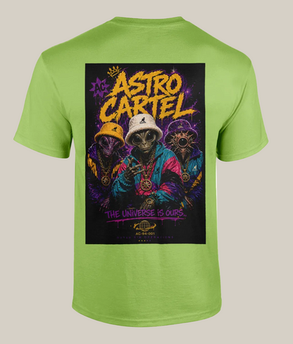 Green t-shirt with 'Astro Cartel' graphic featuring three figures and text on a white background