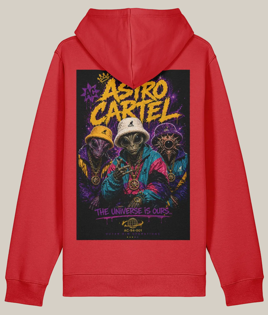 Red hoodie with a colorful graphic on the back featuring the text 'Asiro Cartel' and 'The Universe is Ours'.