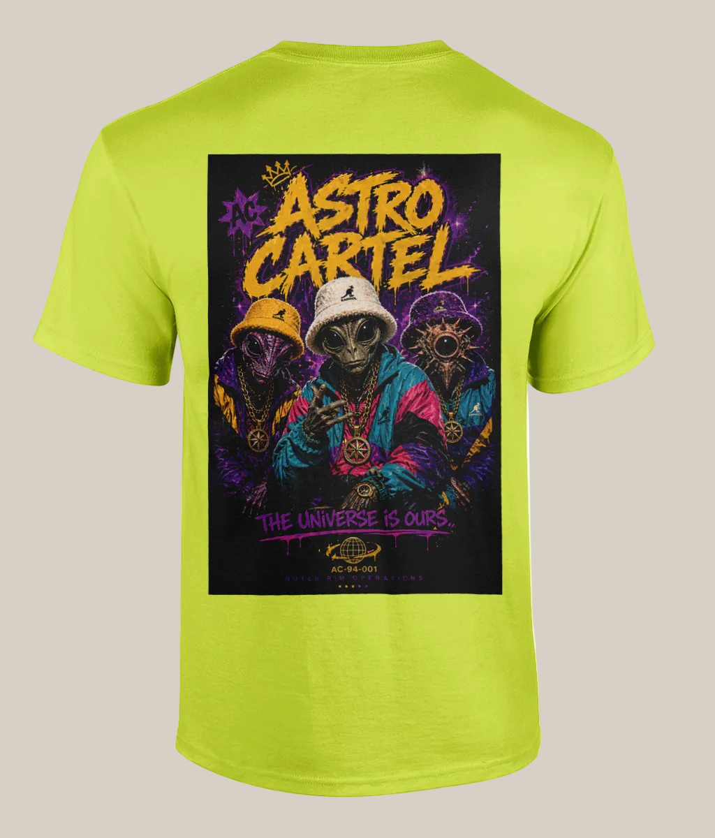 Lime green t-shirt with 'Astro Cartel' graphic featuring three masked figures on a black background.
