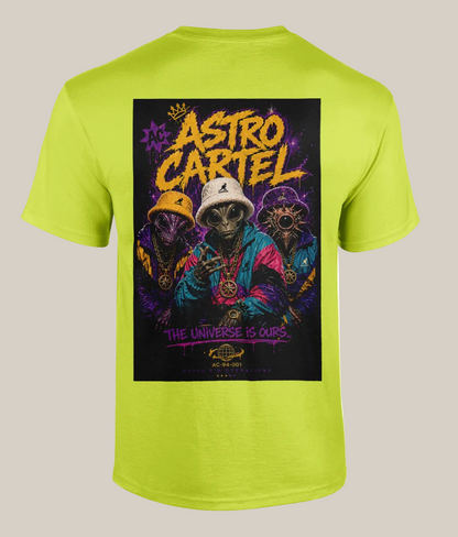 Lime green t-shirt with 'Astro Cartel' graphic featuring three masked figures on a black background.