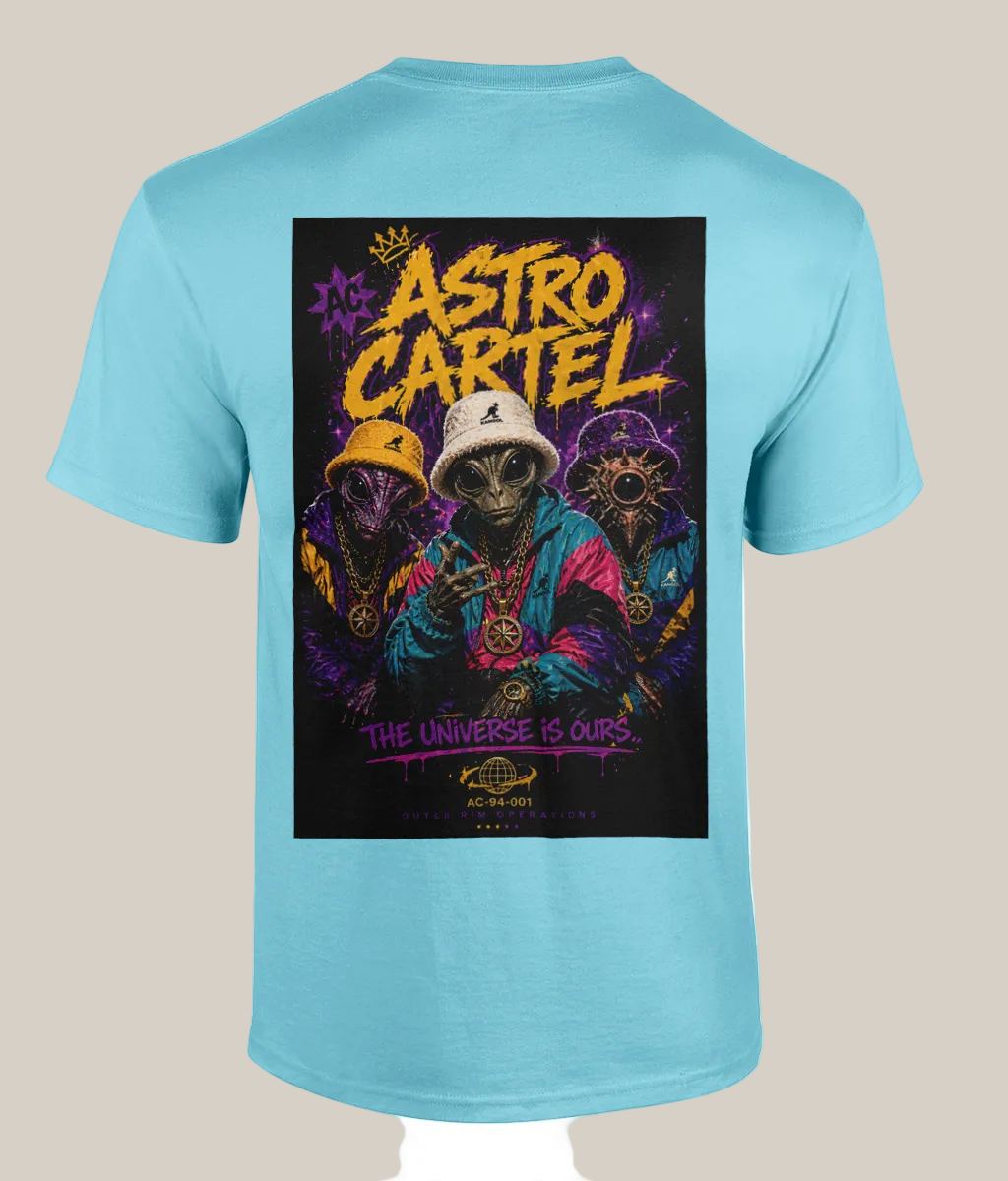 Light blue t-shirt with 'Astro Cartel' graphic design featuring three figures and text on a black background.