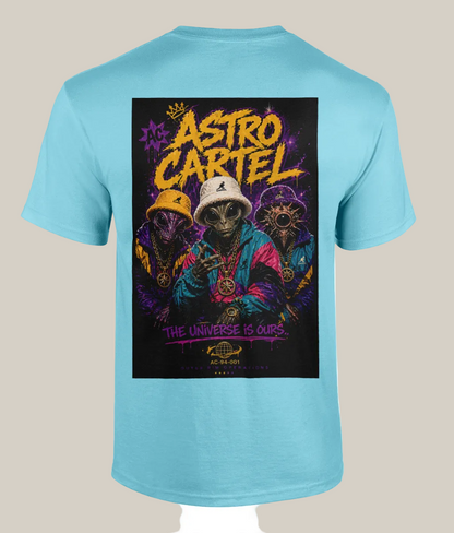 Light blue t-shirt with 'Astro Cartel' graphic design featuring three figures and text on a black background.