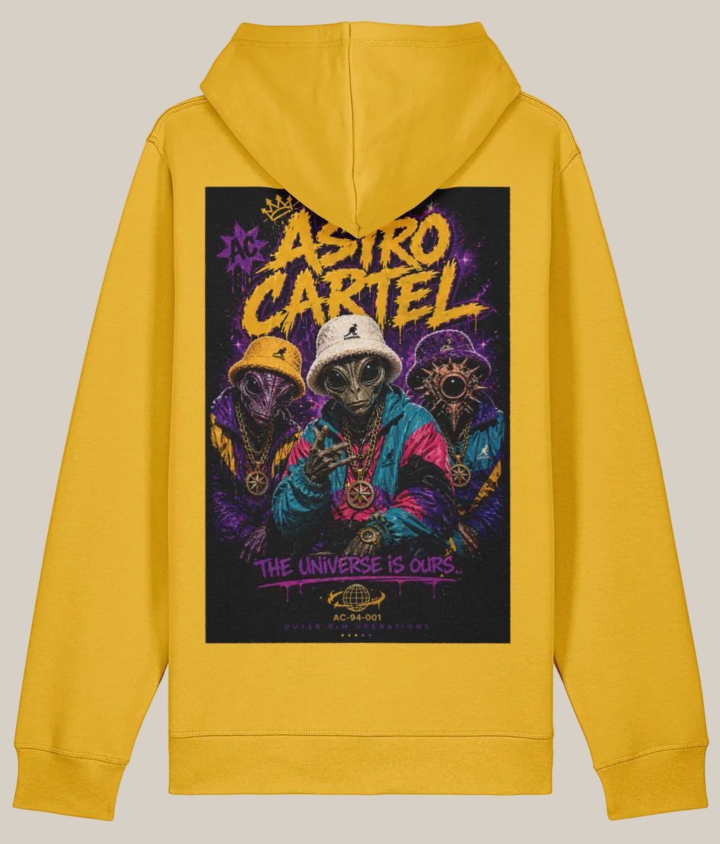 Yellow hoodie with 'Astro Cartel' graphic on the back