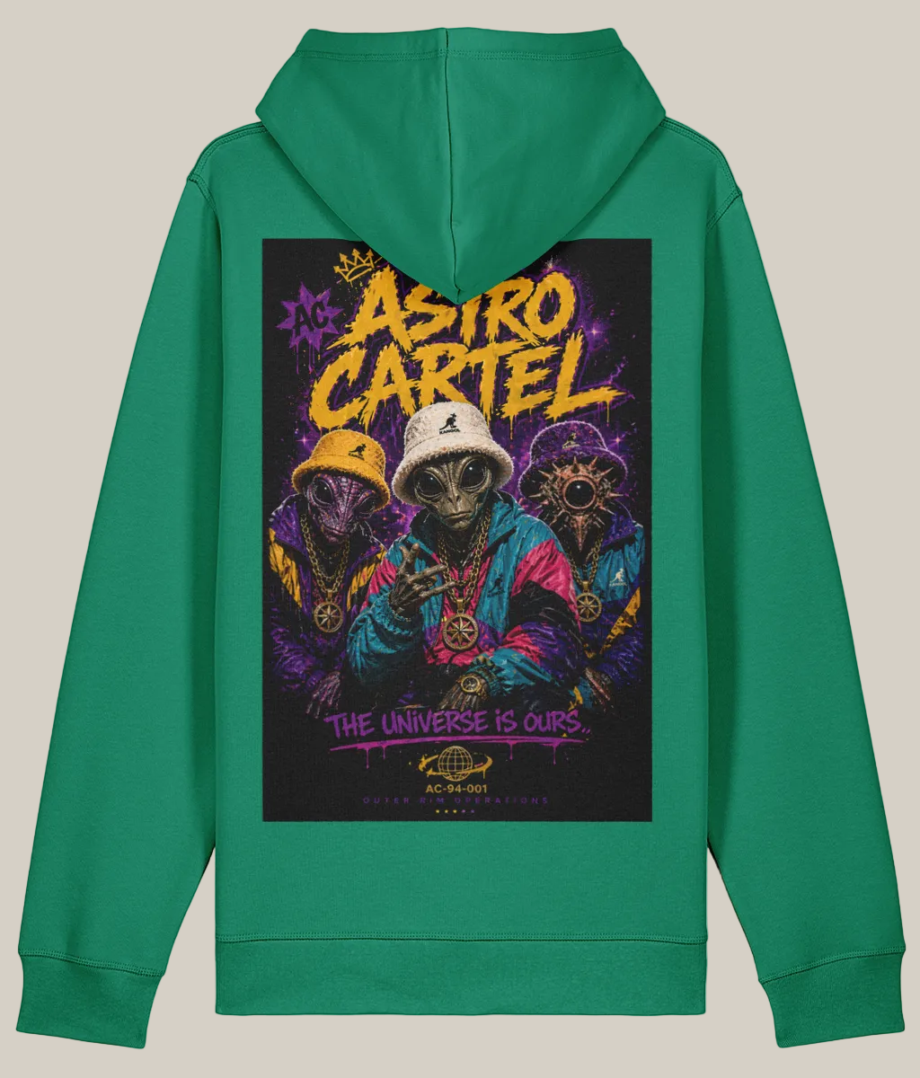 Green hoodie with colorful graphic design on the back featuring text and characters.