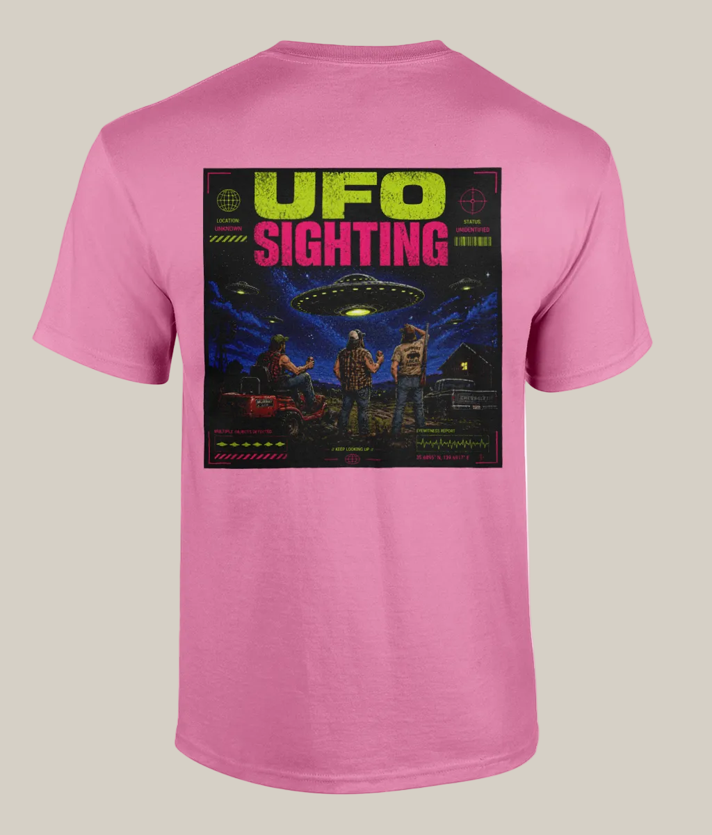 Pink t-shirt with a UFO sighting graphic on the back