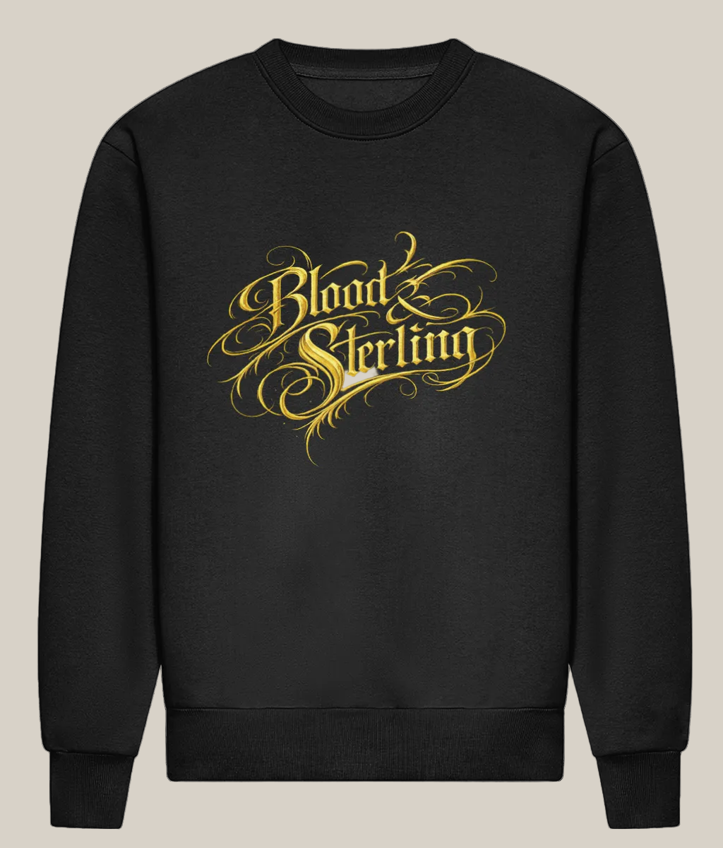 Black sweatshirt with gold 'Blood & Sterling' text on a white background