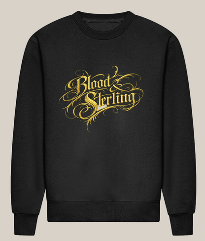 Black sweatshirt with gold 'Blood & Sterling' text on a white background