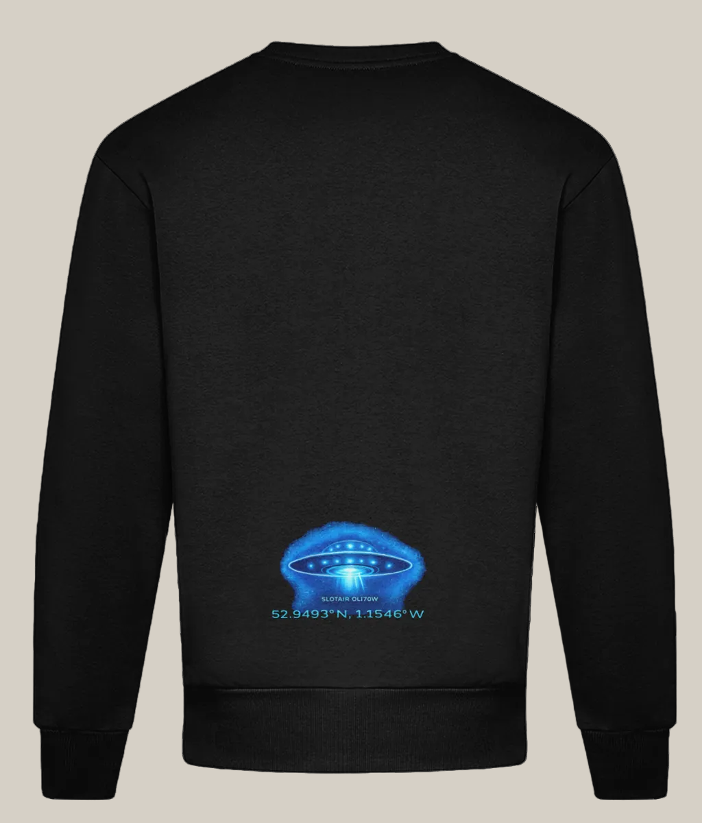 Black sweatshirt with a blue UFO design on the back against a white background