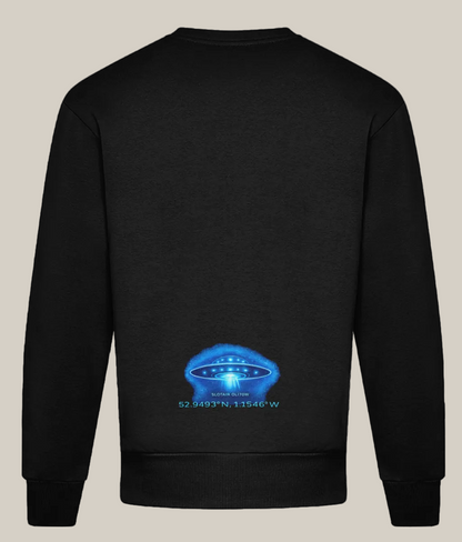Black sweatshirt with a blue UFO design on the back against a white background