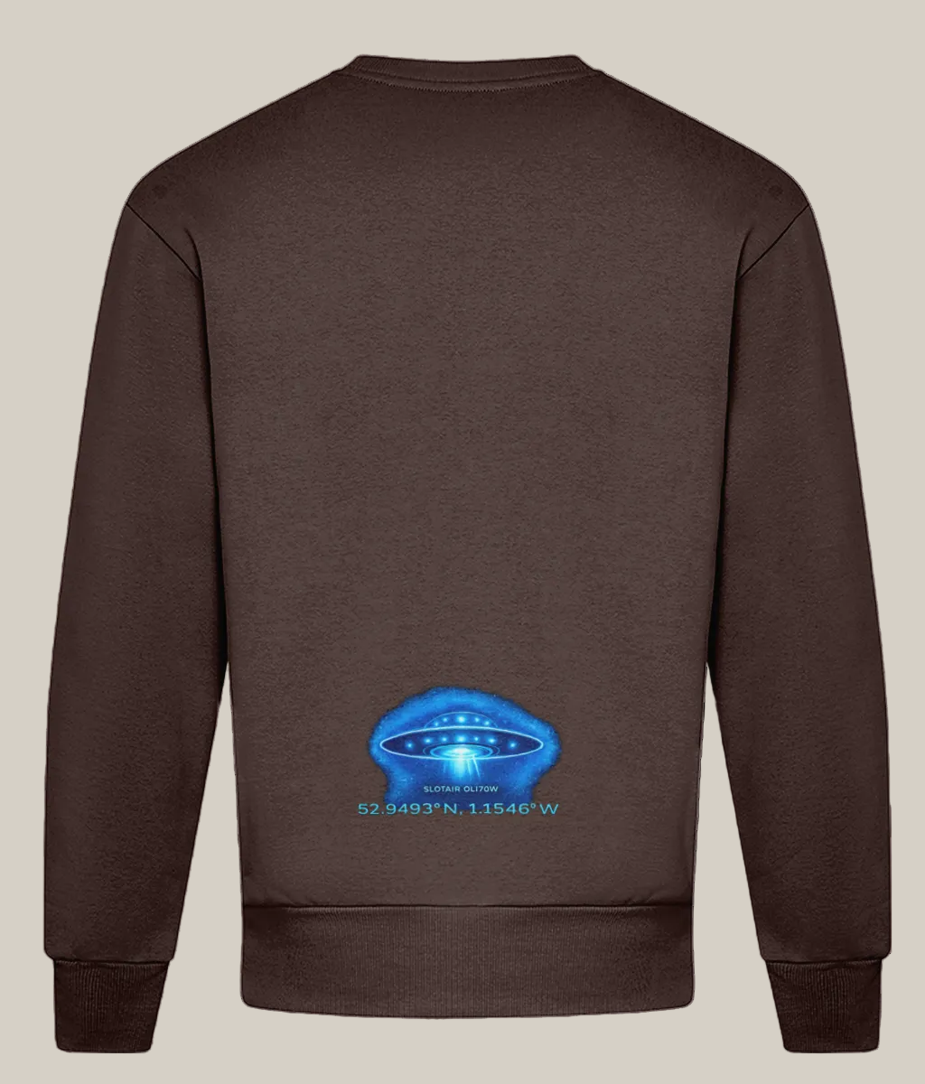 Brown sweatshirt with a blue UFO graphic on the back against a white background