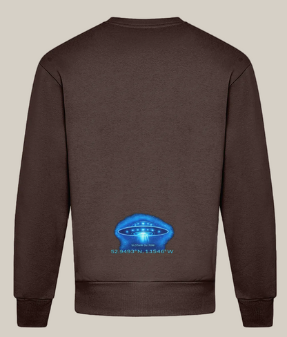 Brown sweatshirt with a blue UFO graphic on the back against a white background
