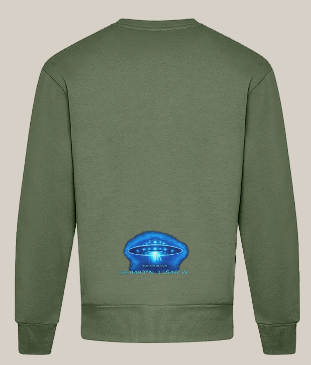Green sweatshirt with a blue UFO graphic on the back against a white background