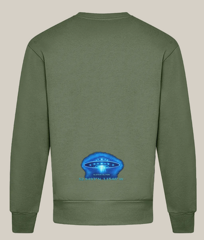 Green sweatshirt with a blue UFO graphic on the back against a white background