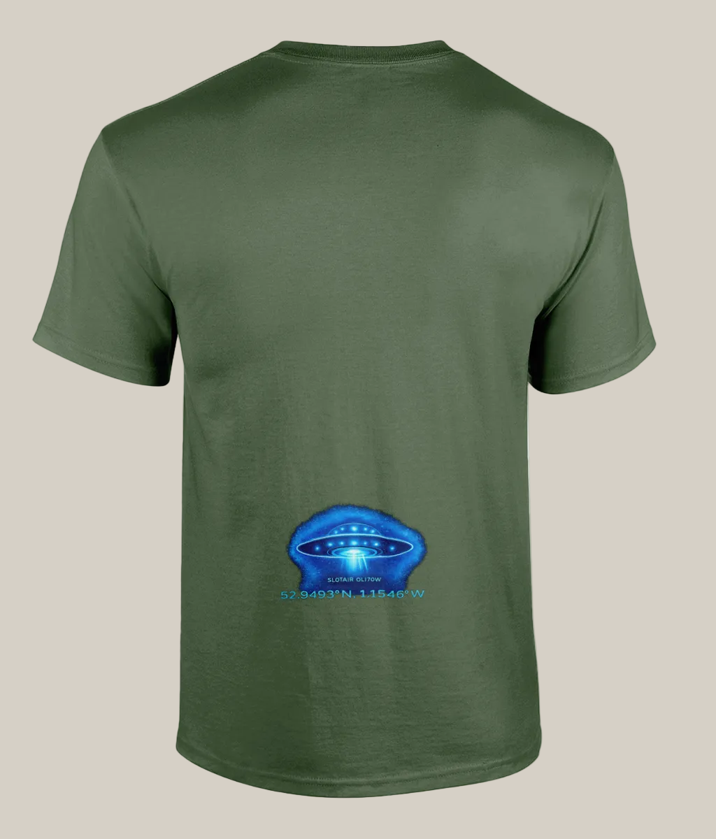 Green t-shirt with a blue UFO graphic on the back against a white background