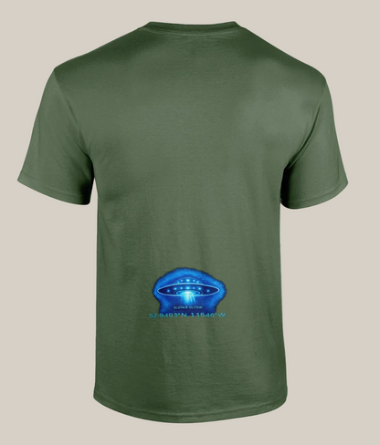 Green t-shirt with a blue UFO graphic on the back against a white background