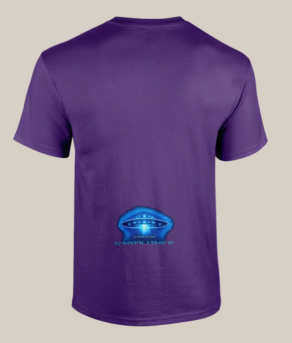 Purple t-shirt with a blue UFO graphic on the back against a white background