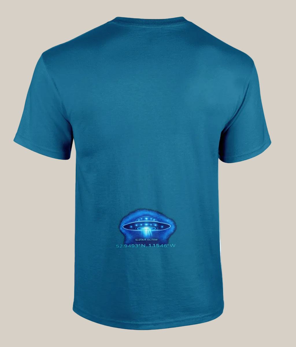 Blue t-shirt with a UFO graphic on the back against a white background