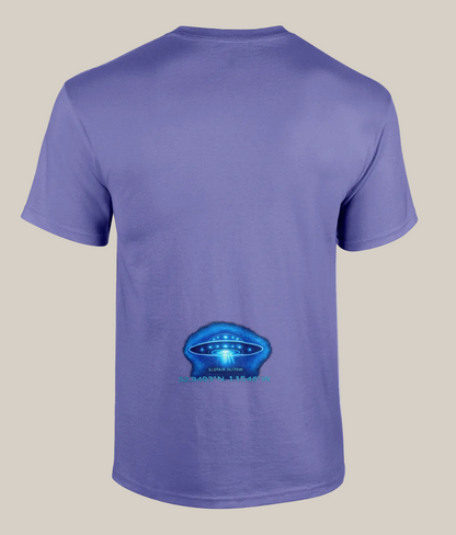 Purple t-shirt with a blue UFO graphic on the back against a white background