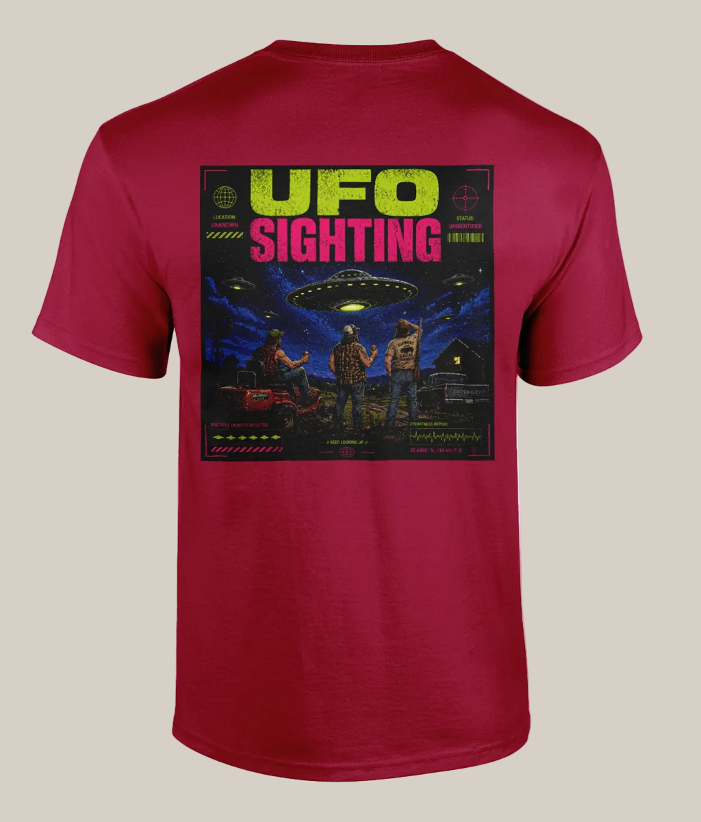 Red t-shirt with a UFO sighting graphic on the back against a white background