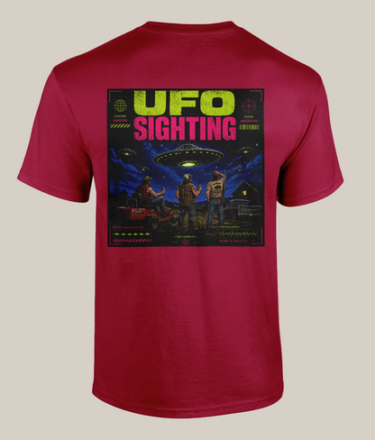 Red t-shirt with a UFO sighting graphic on the back against a white background