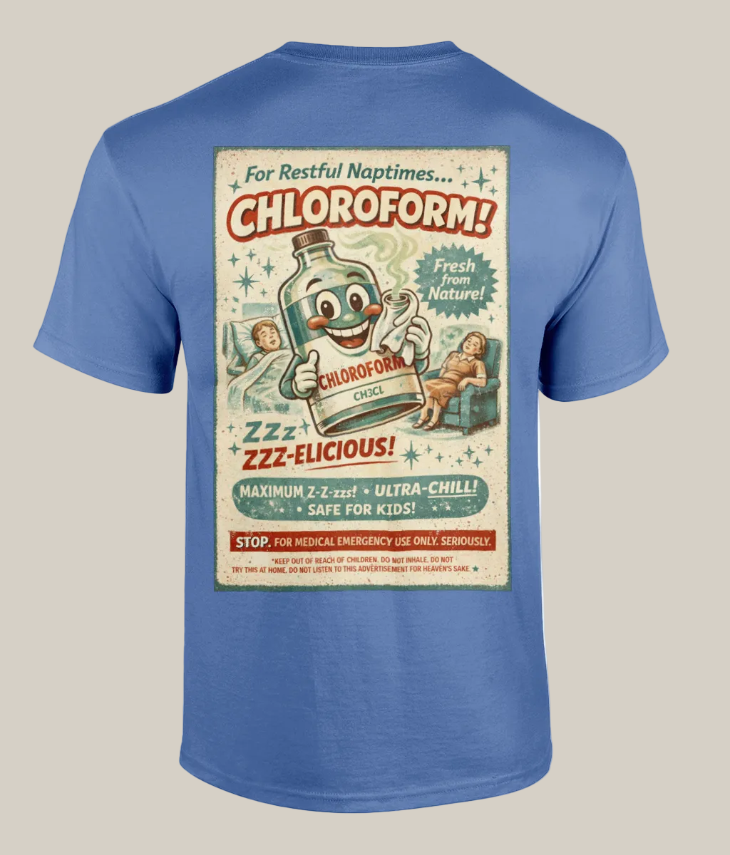Purple t-shirt with a vintage-style chloroform advertisement on the back