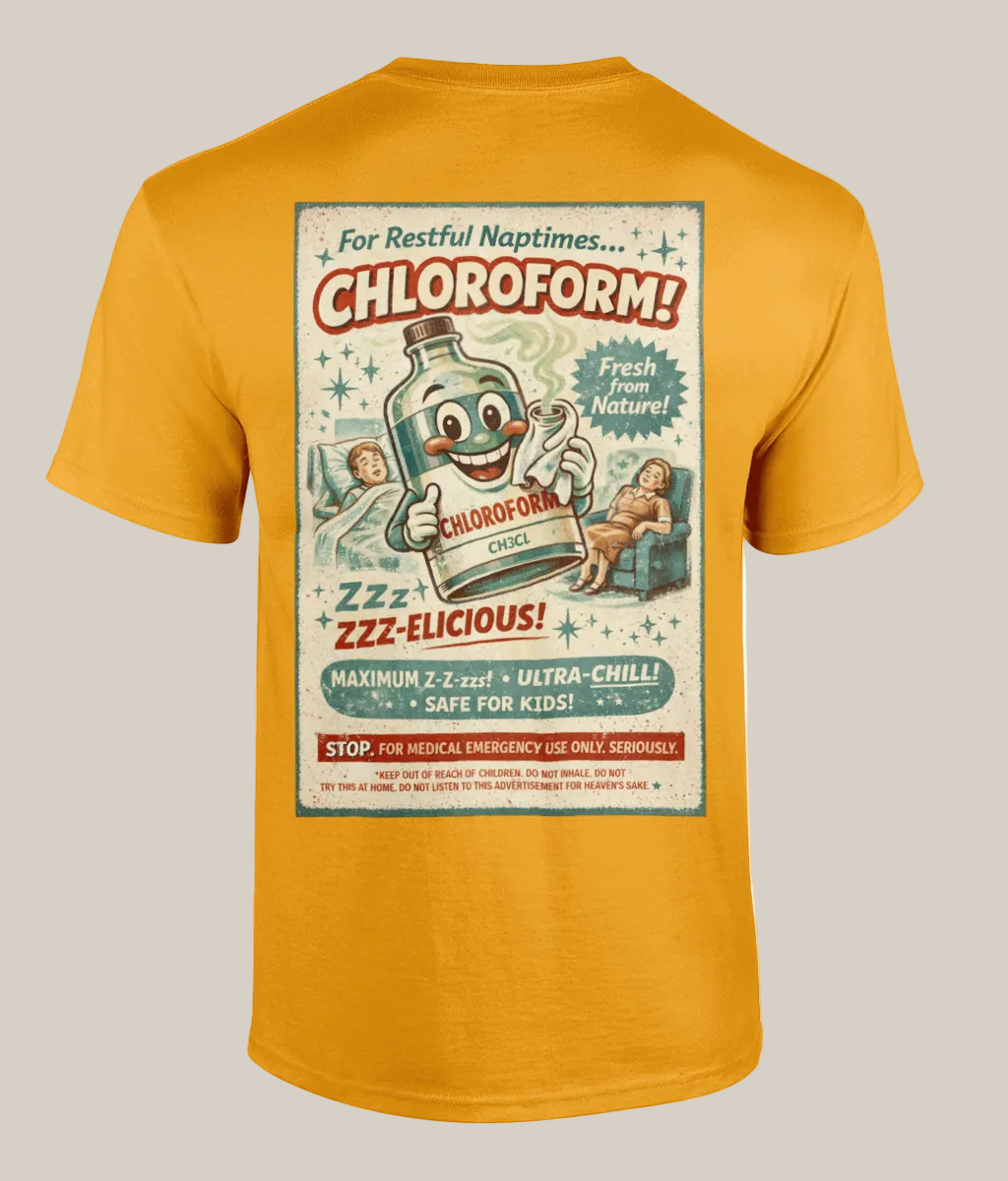 Yellow t-shirt with a vintage-style chloroform advertisement on the back