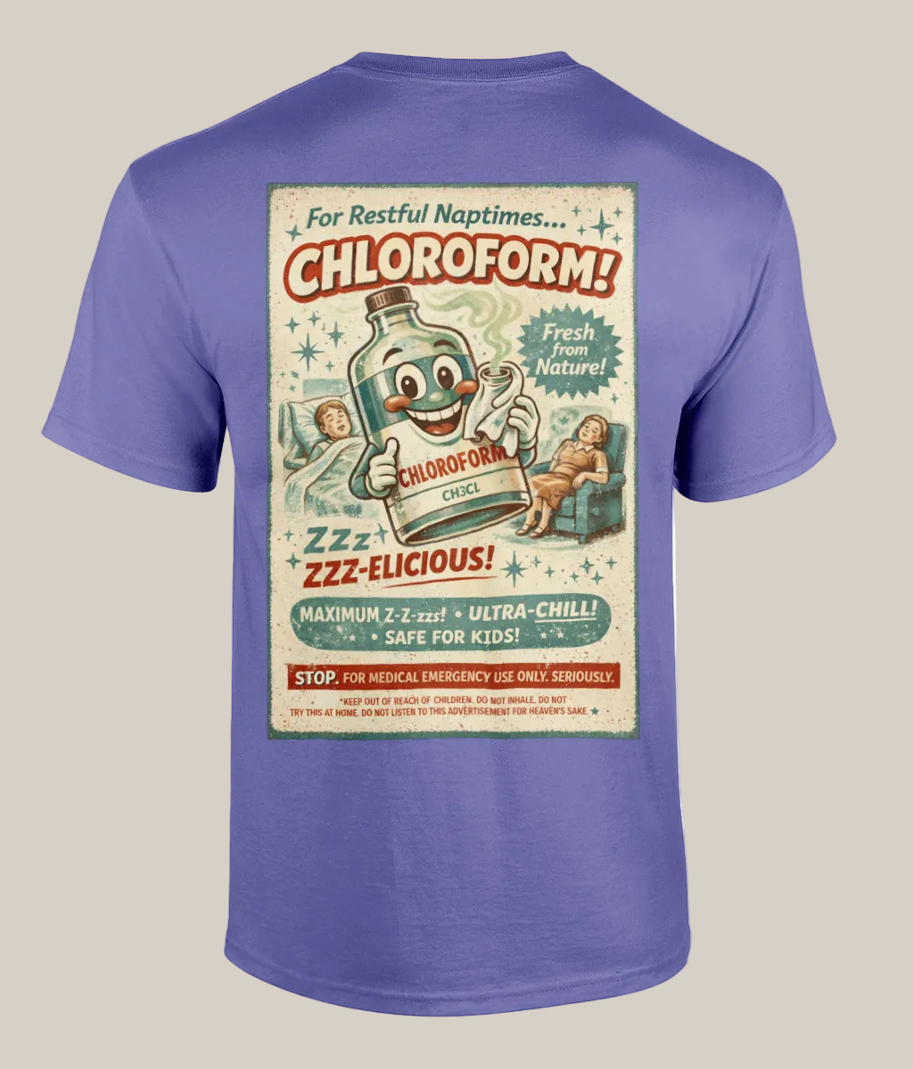Purple t-shirt with a vintage-style chloroform advertisement on the back