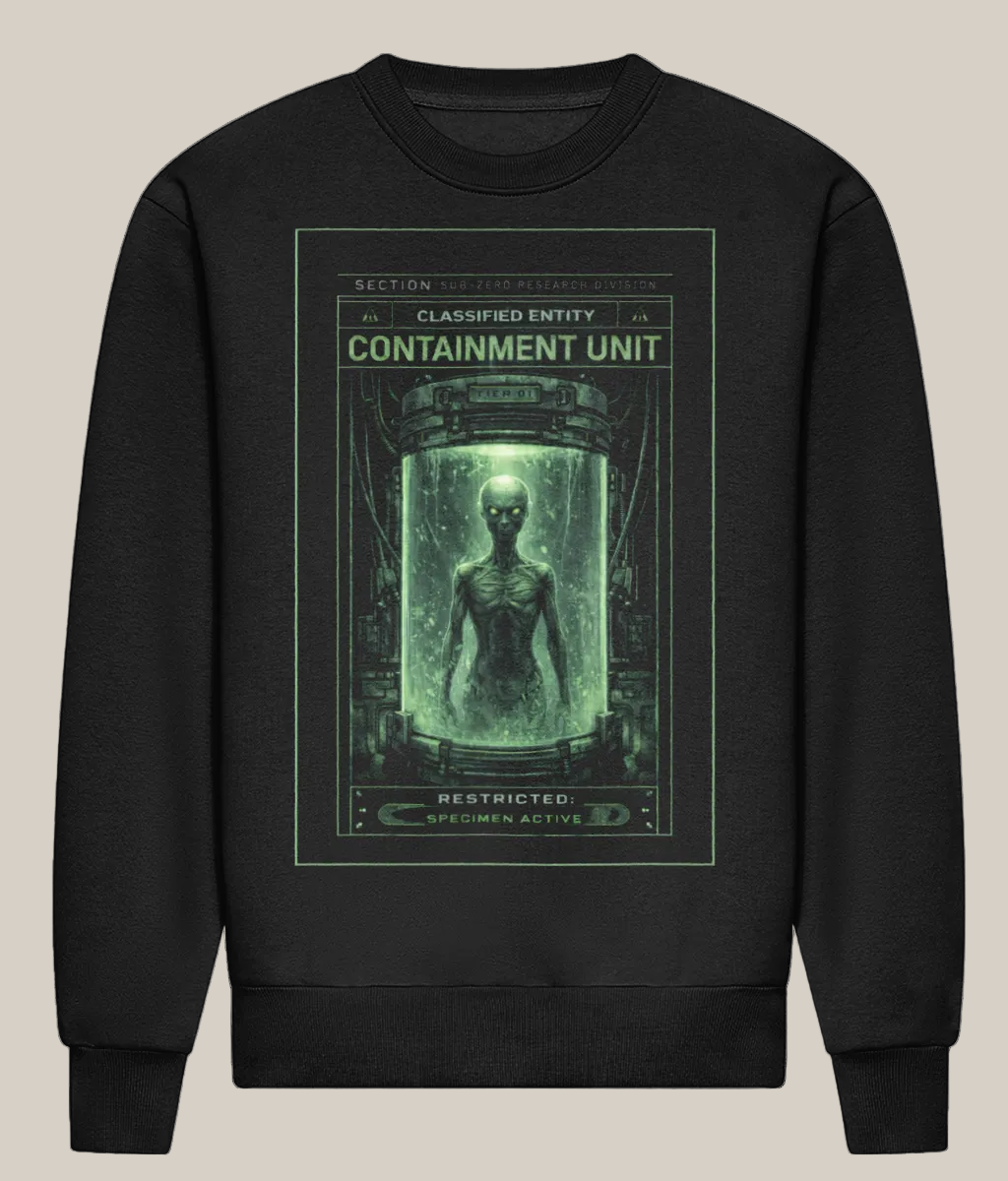 Black sweatshirt with a graphic design of a containment unit and text on a white background
