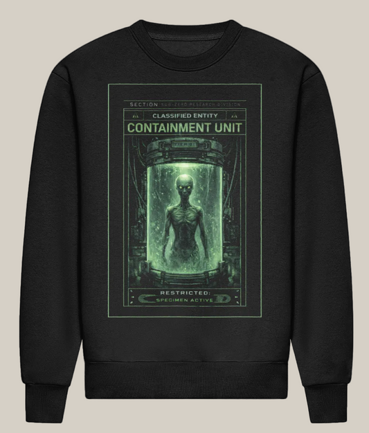 Black sweatshirt with a graphic design of a containment unit and text on a white background