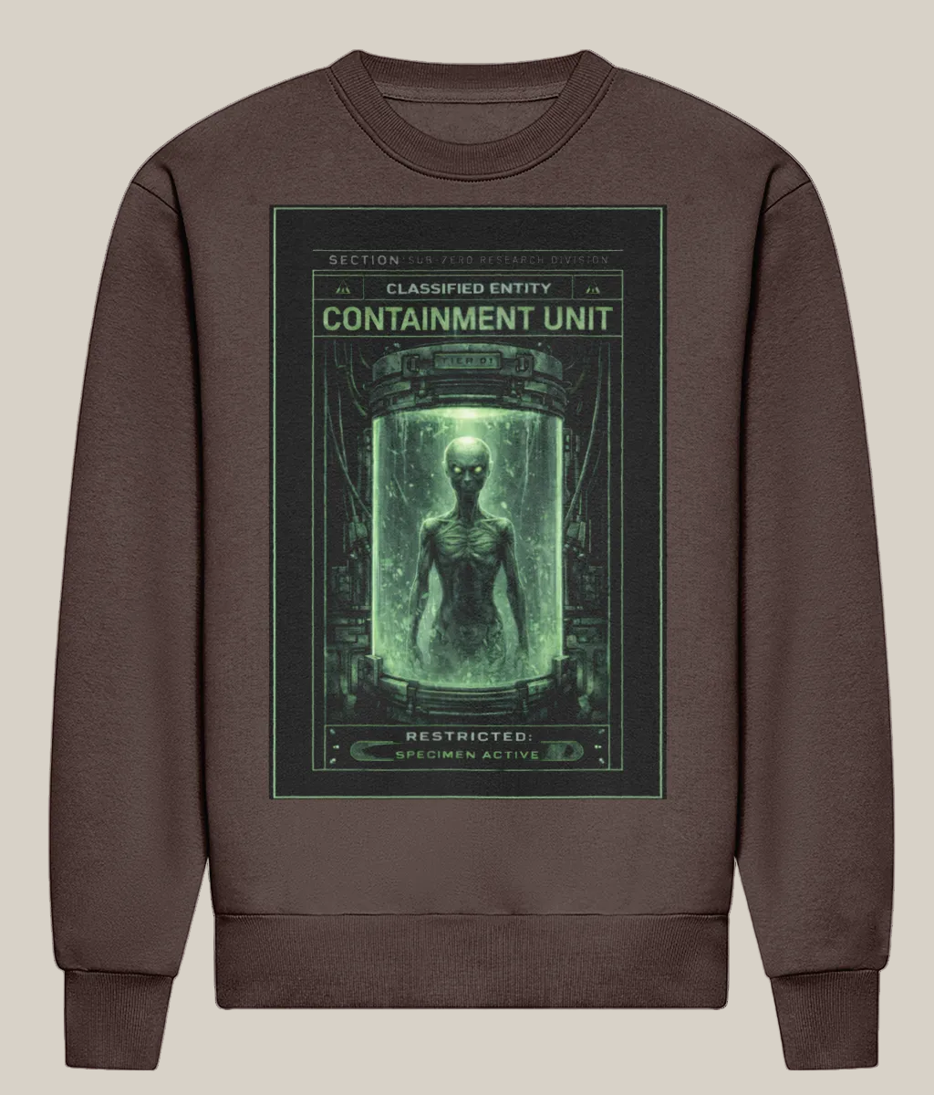 Brown sweatshirt with a graphic design of a containment unit featuring a figure on a white background