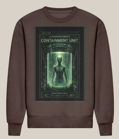 Brown sweatshirt with a graphic design of a containment unit featuring a figure on a white background