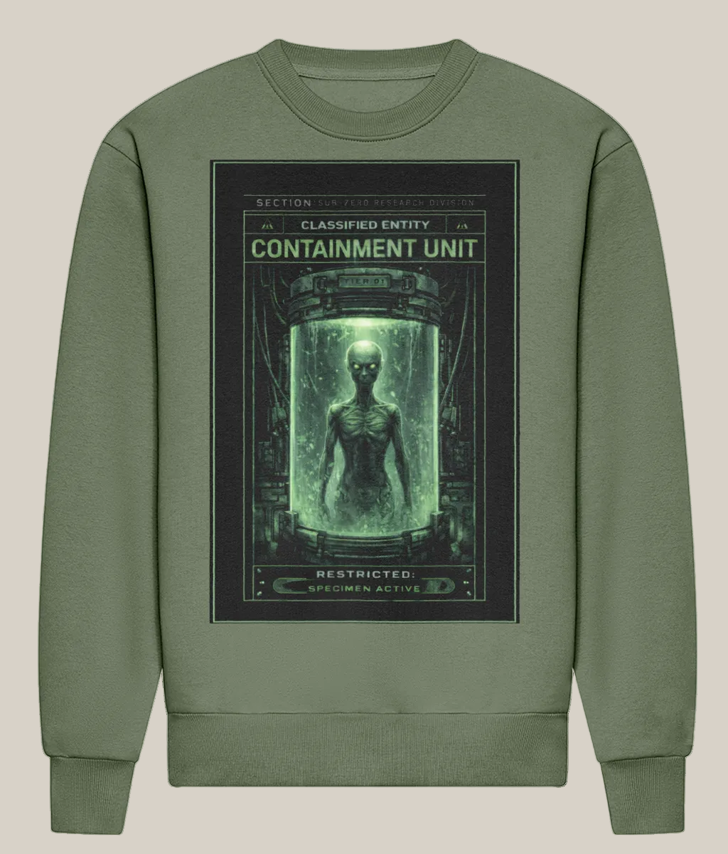 Green sweatshirt with a graphic design of a containment unit on a white background