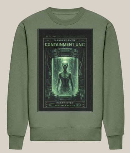 Green sweatshirt with a graphic design of a containment unit on a white background