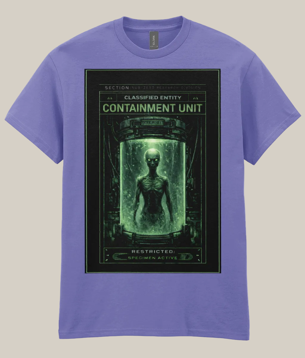 Purple t-shirt with alien containment unit graphic on a white background