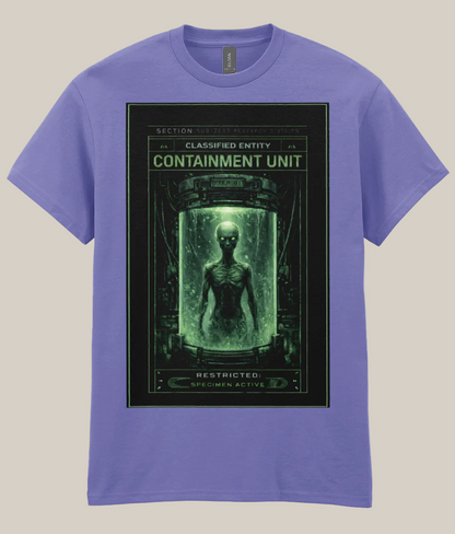 Purple t-shirt with alien containment unit graphic on a white background