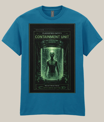 Blue t-shirt with alien containment unit graphic on a white background