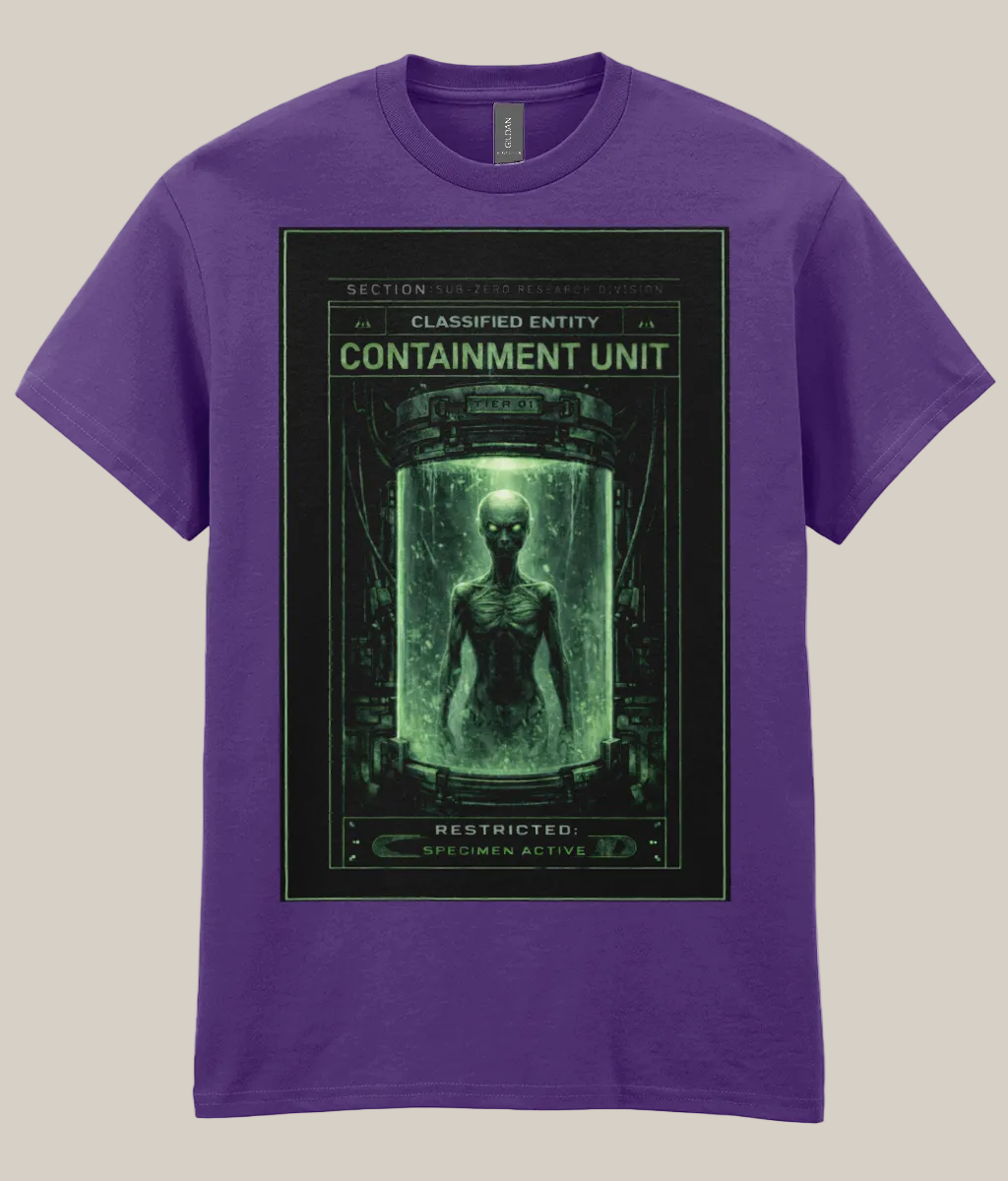 Purple t-shirt with a graphic design of a containment unit and alien figure on a white background