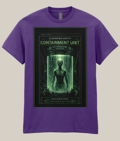 Purple t-shirt with a graphic design of a containment unit and alien figure on a white background
