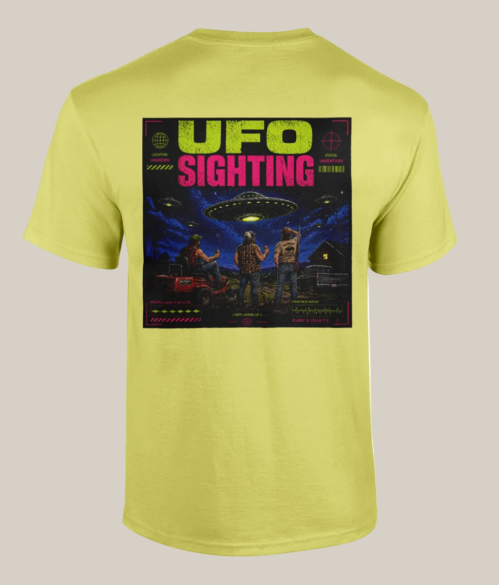 Yellow t-shirt with a UFO sighting graphic on a white background